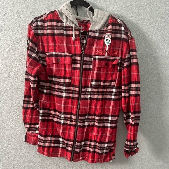 Disney Jackets & Blazers - Vintage NWOT Disney Toy Story Forky Plaid Flannel Hoodie Size Small